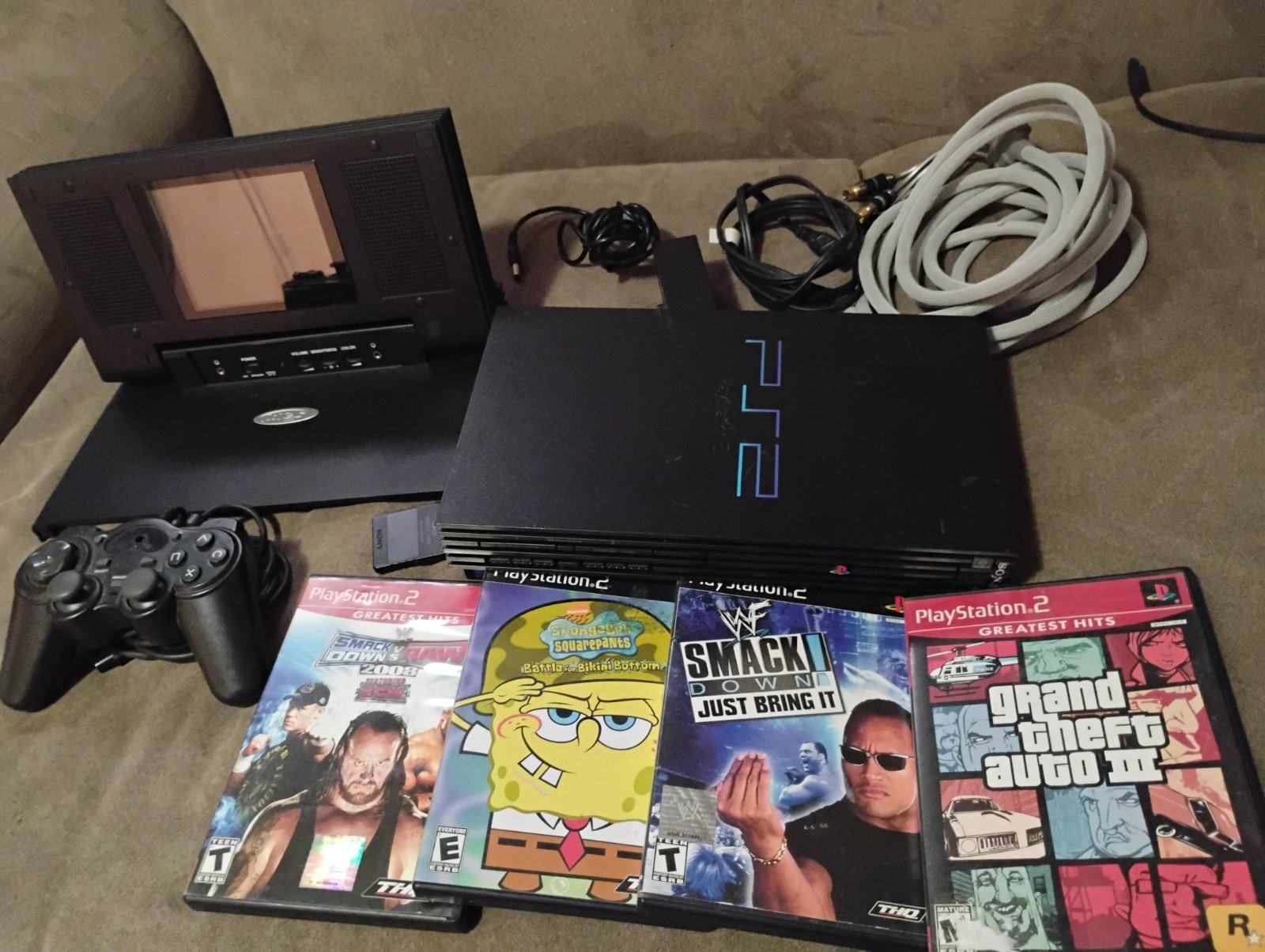 Sony PlayStation 2 Console + Screen Attachment Lot Games PS2 Fat GTA SpongeBob