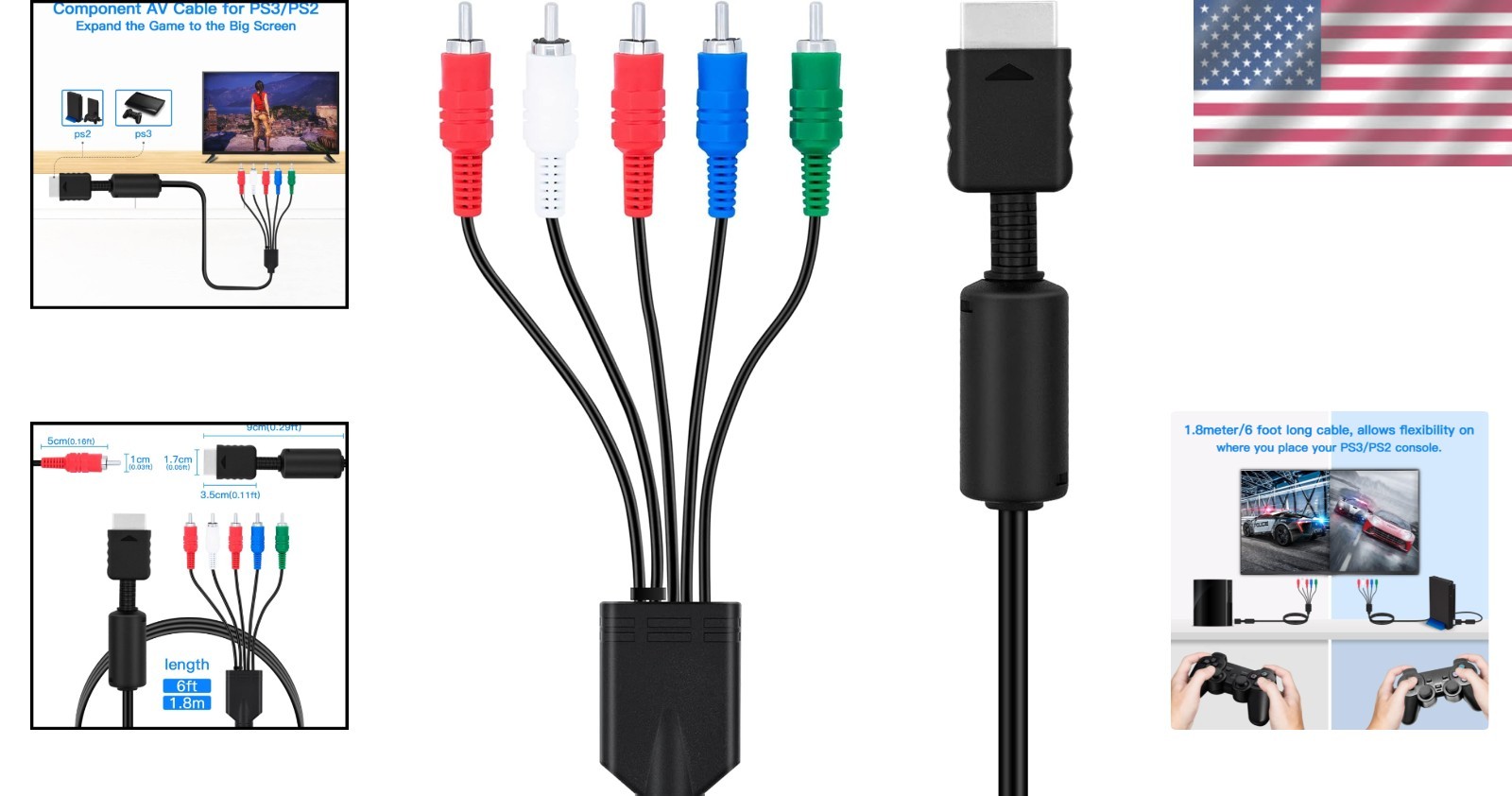 6FT HD AV Component Cable for PS2/PS3 – Enhance Your Gaming Experience