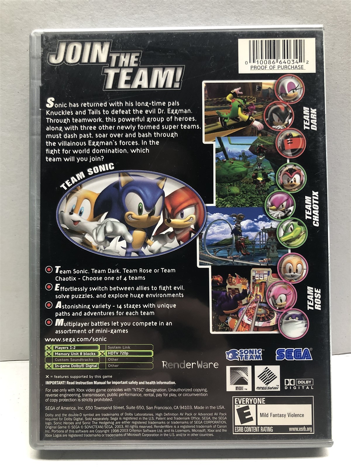 Sonic Heroes (Microsoft Xbox, 2004) Complete Tested Working – Free Ship
