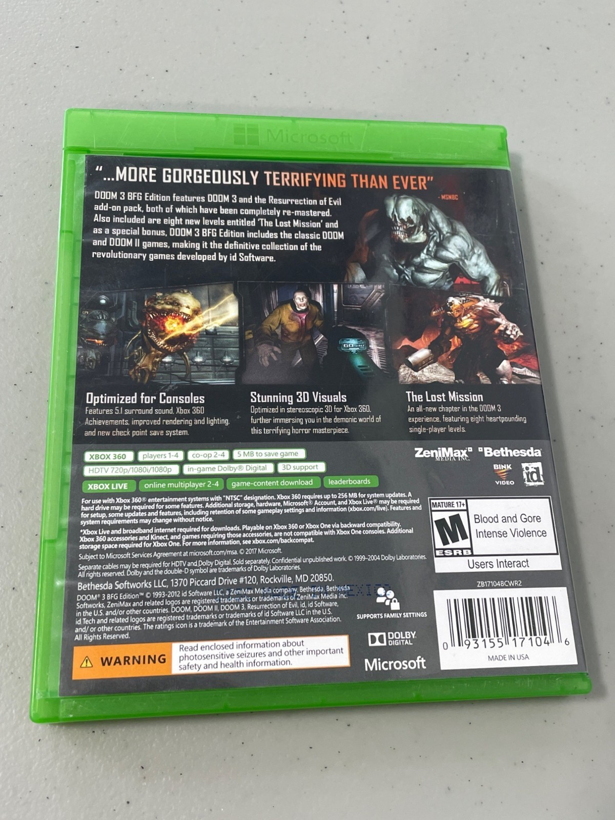 Doom 3 BFG Edition Xbox 360 Video Game Plays On Xbox One Complete Case