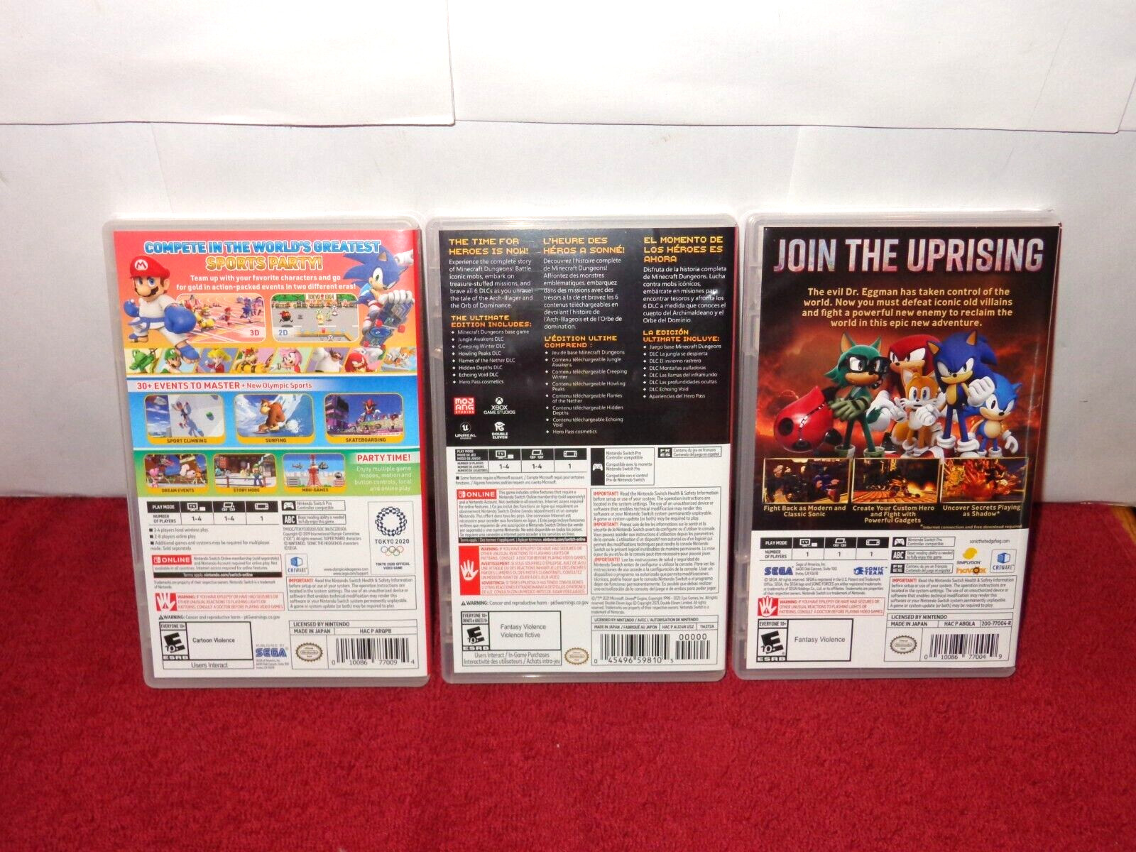3 NINTENDO SWITCH GAMES – SUPER MARIO BROS – SONIC & MINDCRAFT IN BOXES – Z406