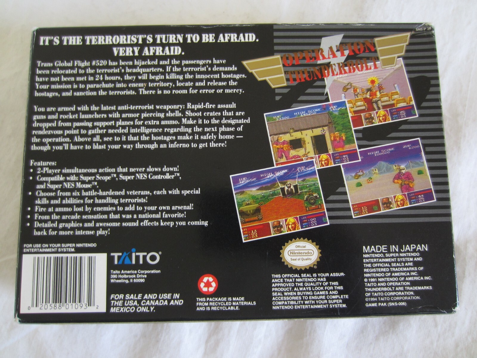 Operation Thunderbolt (SNES) Super Nintendo CIB Complete Box 1994 Taito RARE