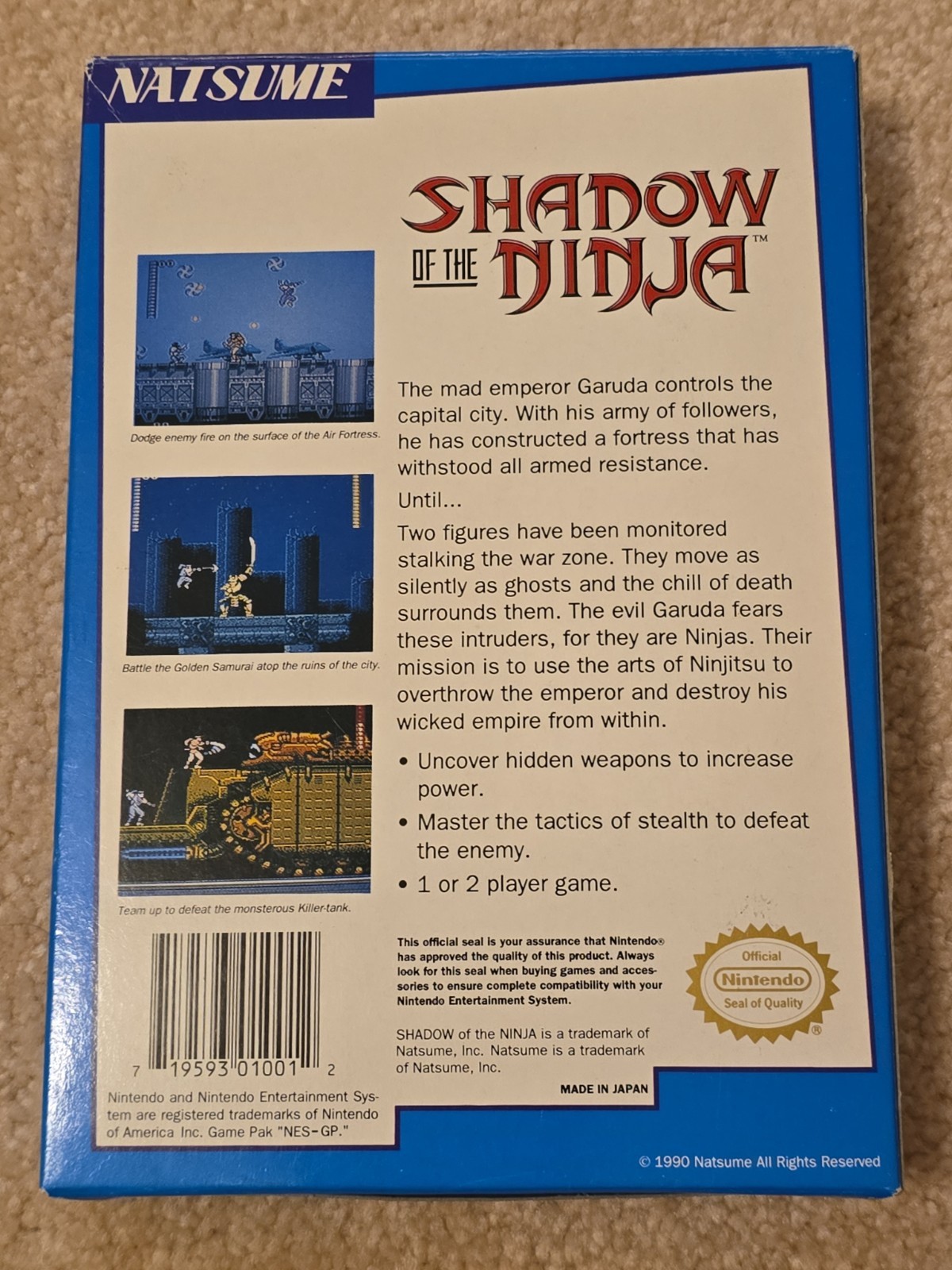 Shadow of the Ninja NES CIB Complete Nintendo Natsume 1990 Entertainment System