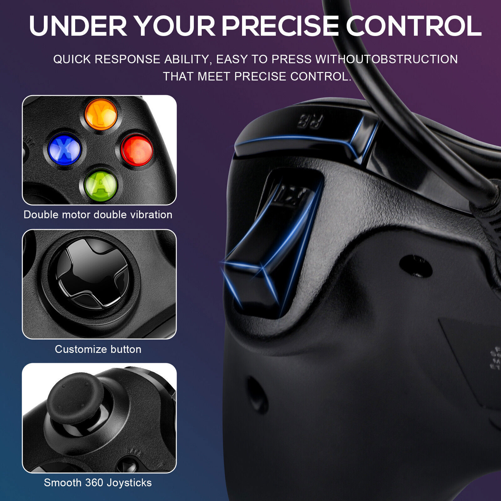 Wired Controller USB For PC Microsoft Xbox 360/Slim/Windows 7 8 10 11-Black