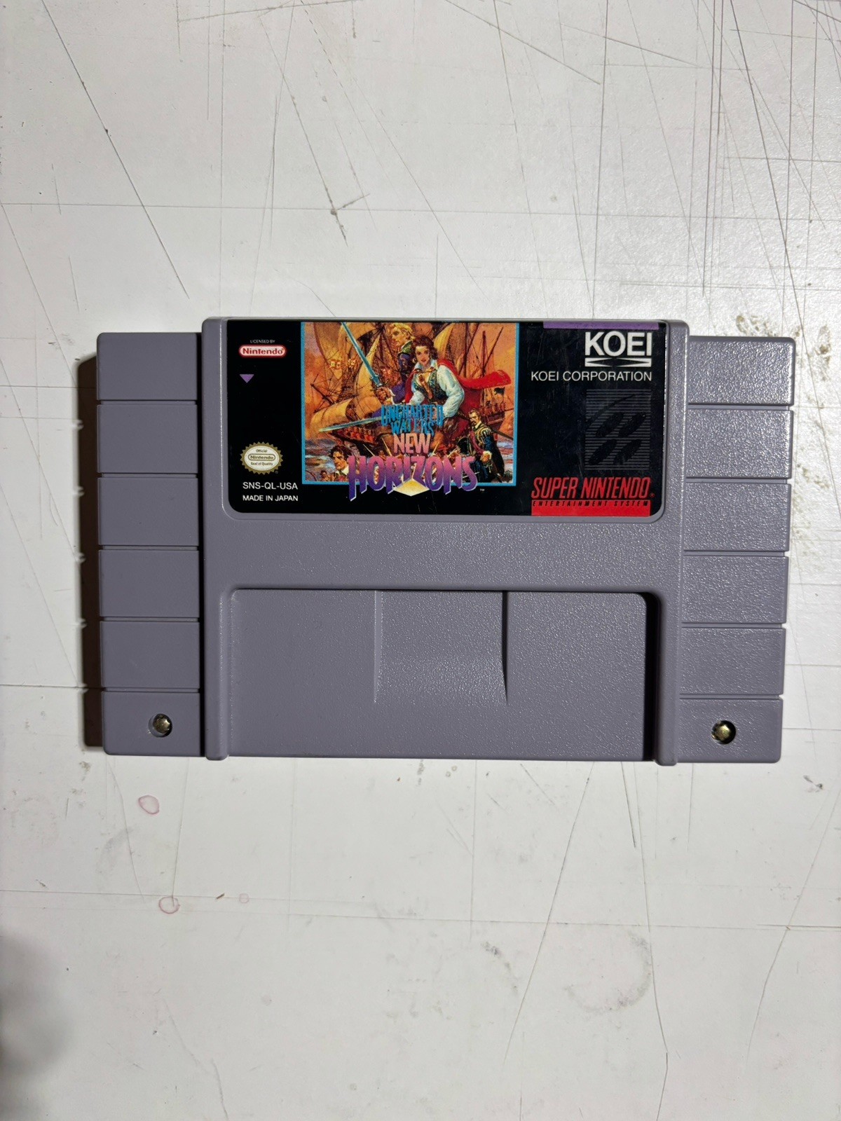 Uncharted Waters New Horizons (SNES, 1994) Cartridge and map w water damage