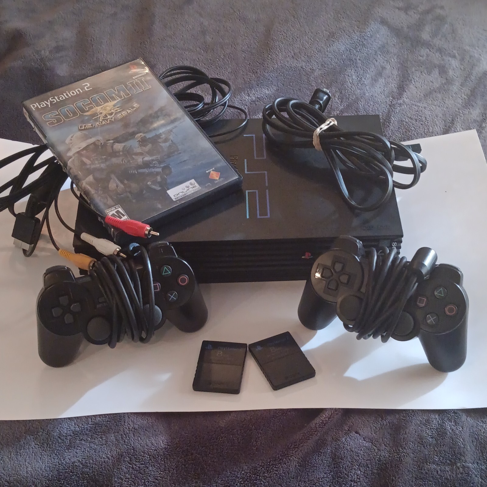 Sony PlayStation 2 PS2 Console Black Bundle 2 Controllers Cables 2 Memory Cards