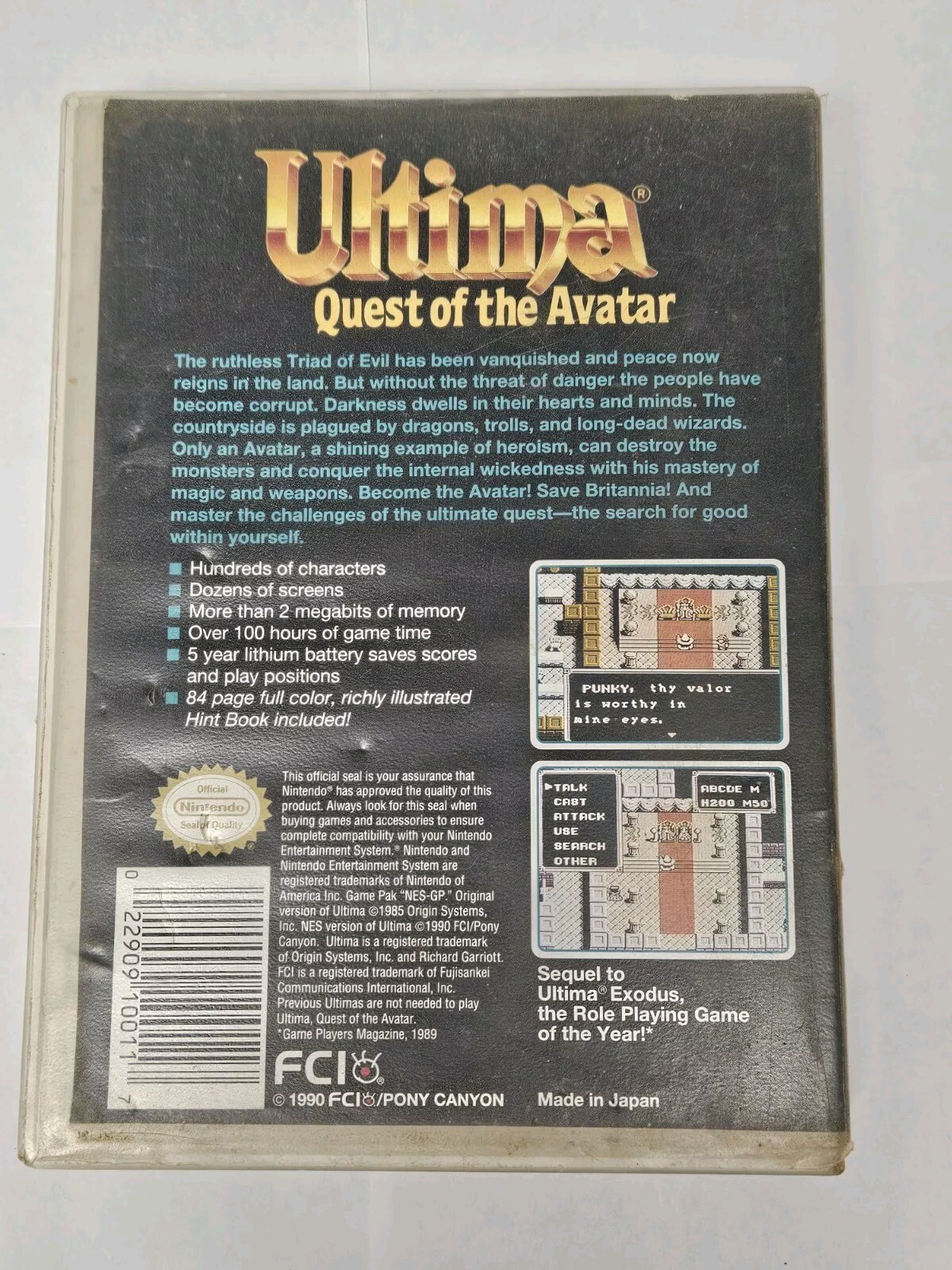 Ultima: Quest of the Avatar (Nintendo Entertainment System 1990) Cartridge& Case