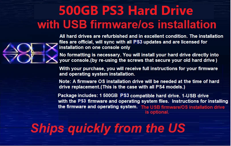 PS3 500GB Internal Hard Drive Playstation 3 Slim, Super Slim & Original USB Firm