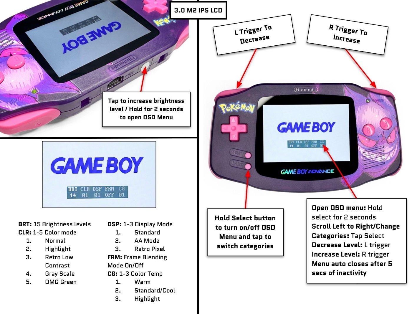 Nintendo Game Boy Advance GBA 3.0 M2 IPS Pokemon Console SQUIRTLE USB-C Battery
