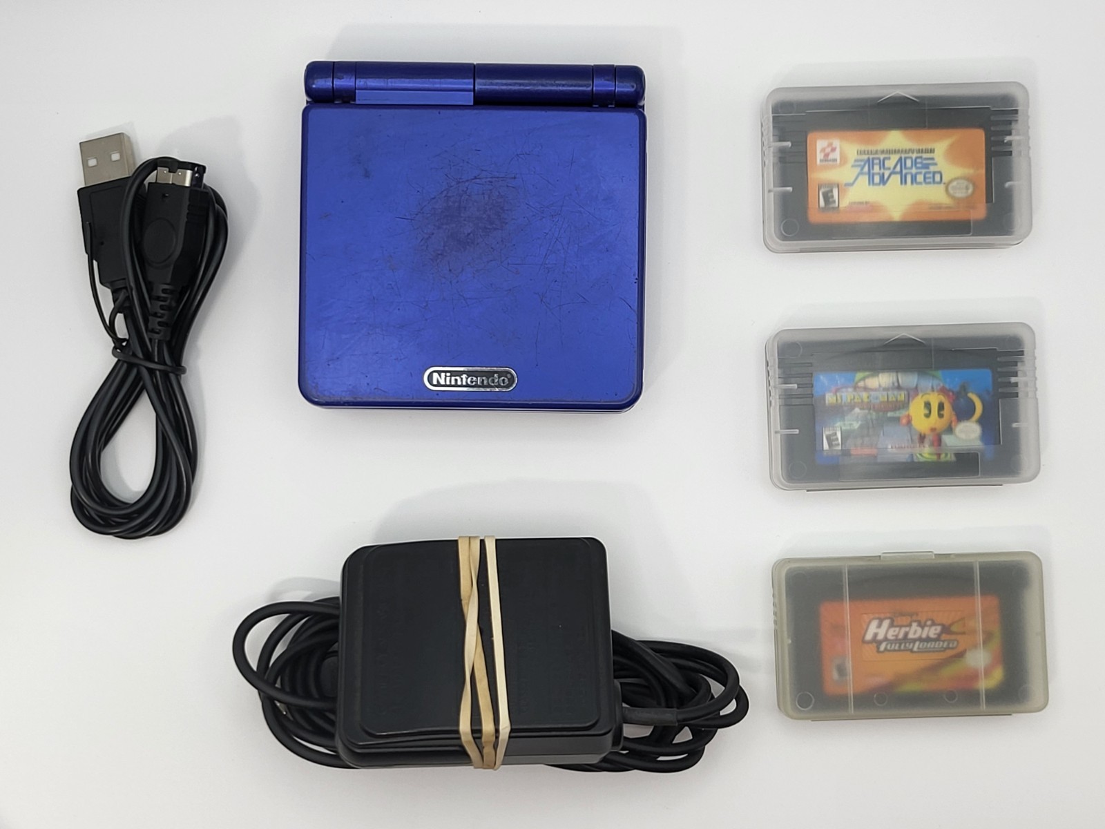 Nintendo Game Boy Advance SP Cobalt Blue AGS-001 w/ 3 Games *Screen Blemish