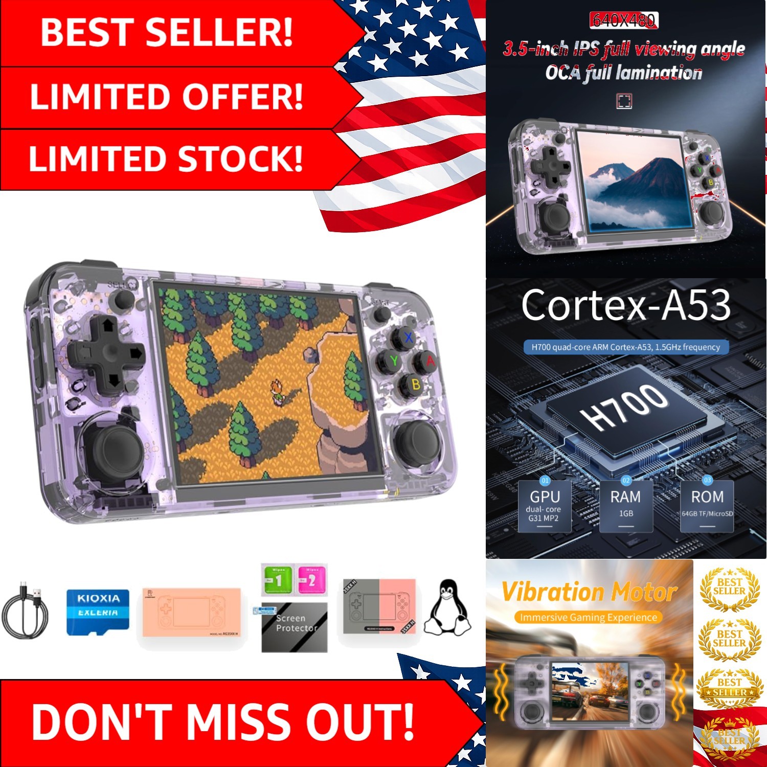 Portable RG 35XXH Game Console – 64GB Storage with 8-Hour Battery Life in Purple