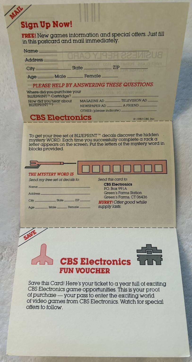 TESTED Blueprint VGC W/Manual, CBS Mailer 1983 Atari 2600 – Video