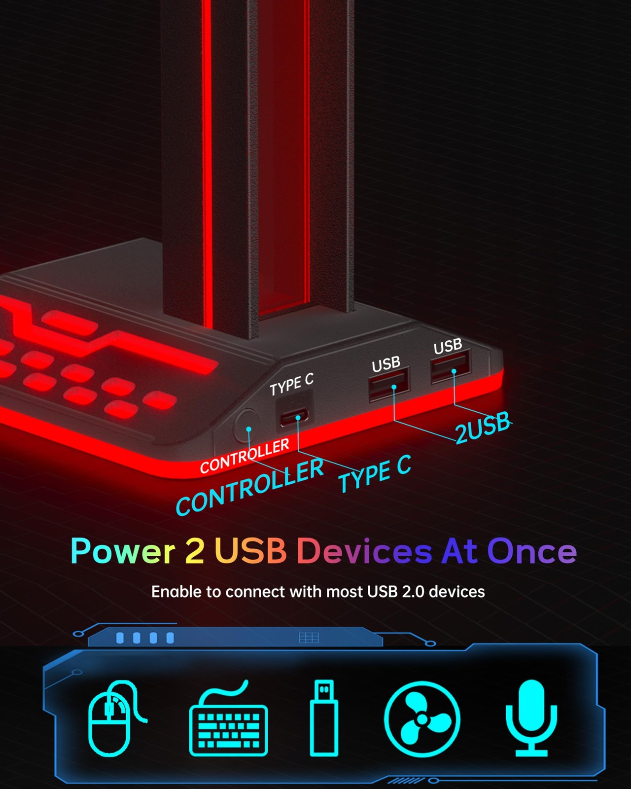 RGB Headphone Stand with 2 USB 2.0 Extension Charging Port Extender Cord,Desk…