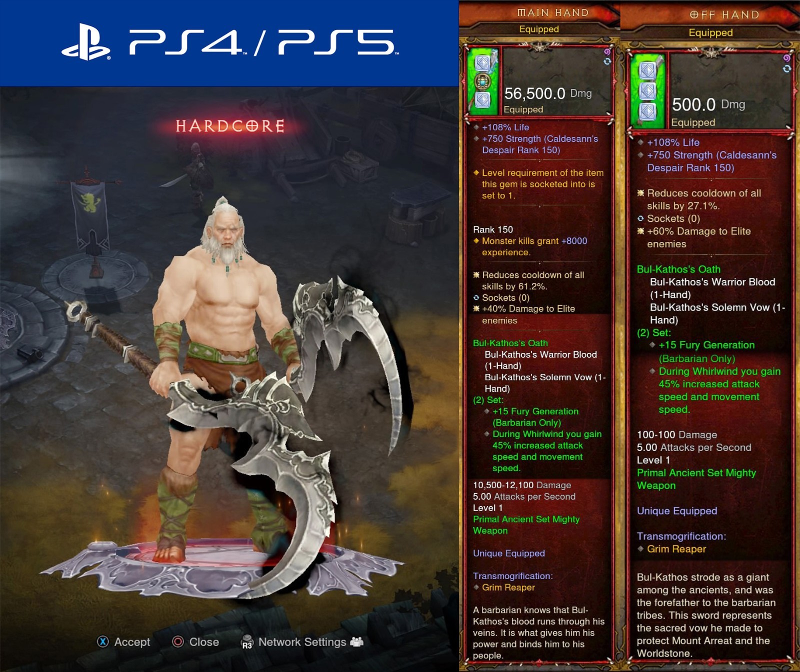 Diablo 3 PS4/PS5 HARDCORE | Modded Primal Weapon Set Bul-Kathos’s Oath Barbarian
