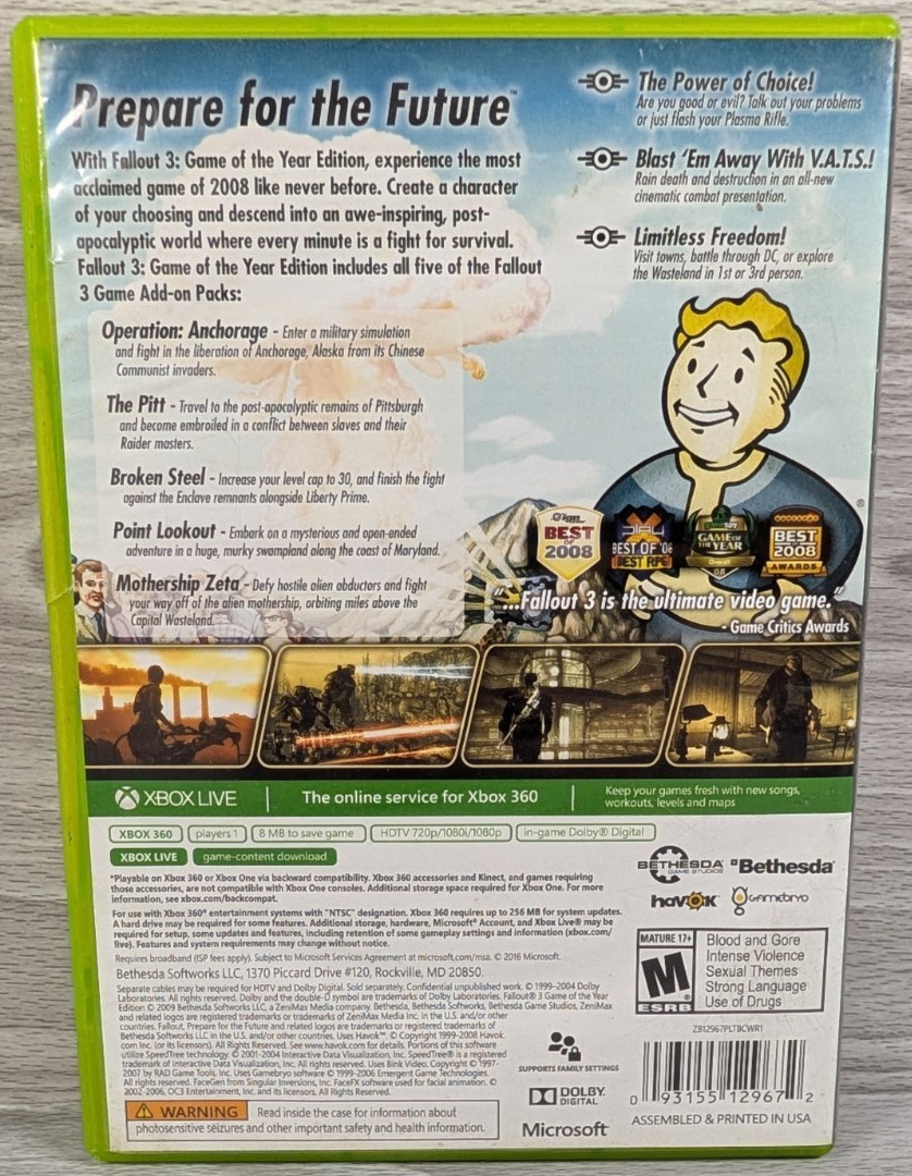 Fallout 3 Game of the Year Edition (Xbox One/Xbox 360, 2009) CIB, Tested & Works