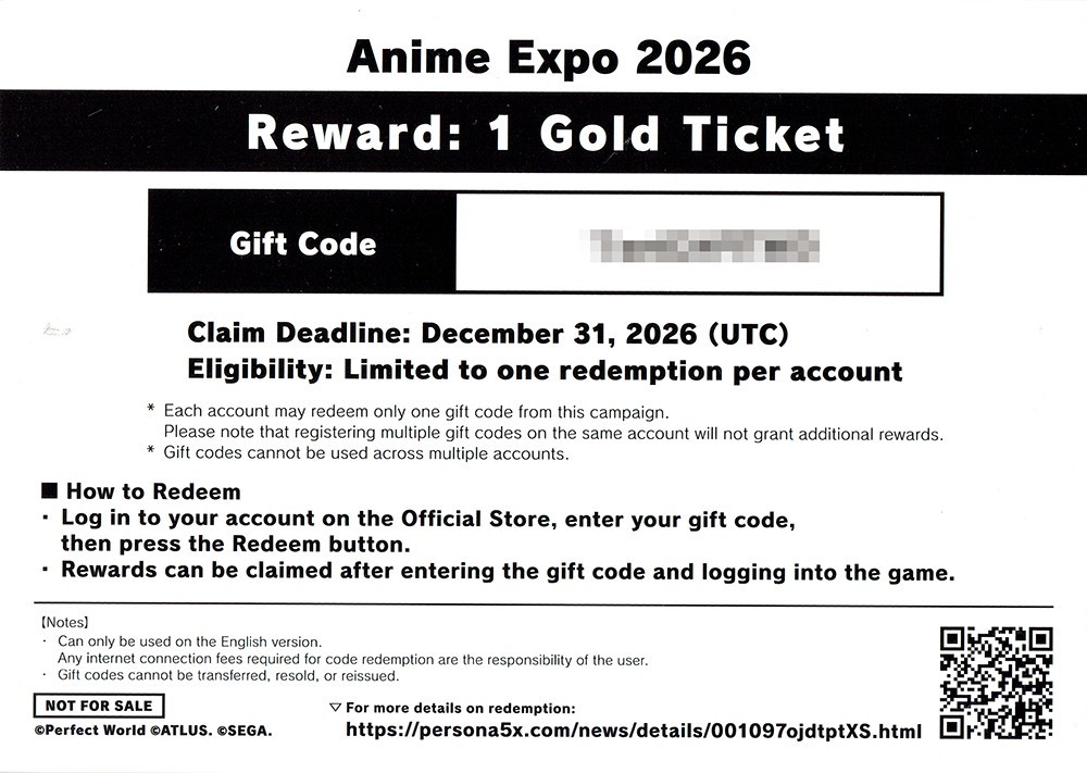 PERSONA 5 P5X Phantom X GOLD TICKET Reward CARD Redeem METAPHOR Game POSTCARD