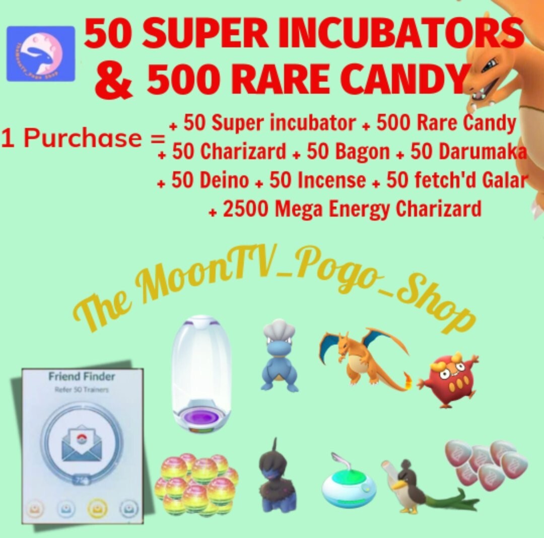 Pokémon Go- 50 SUPER INCUBATOR+ 500 RARE CANDY- Friend Finder Medal- FAST SALE