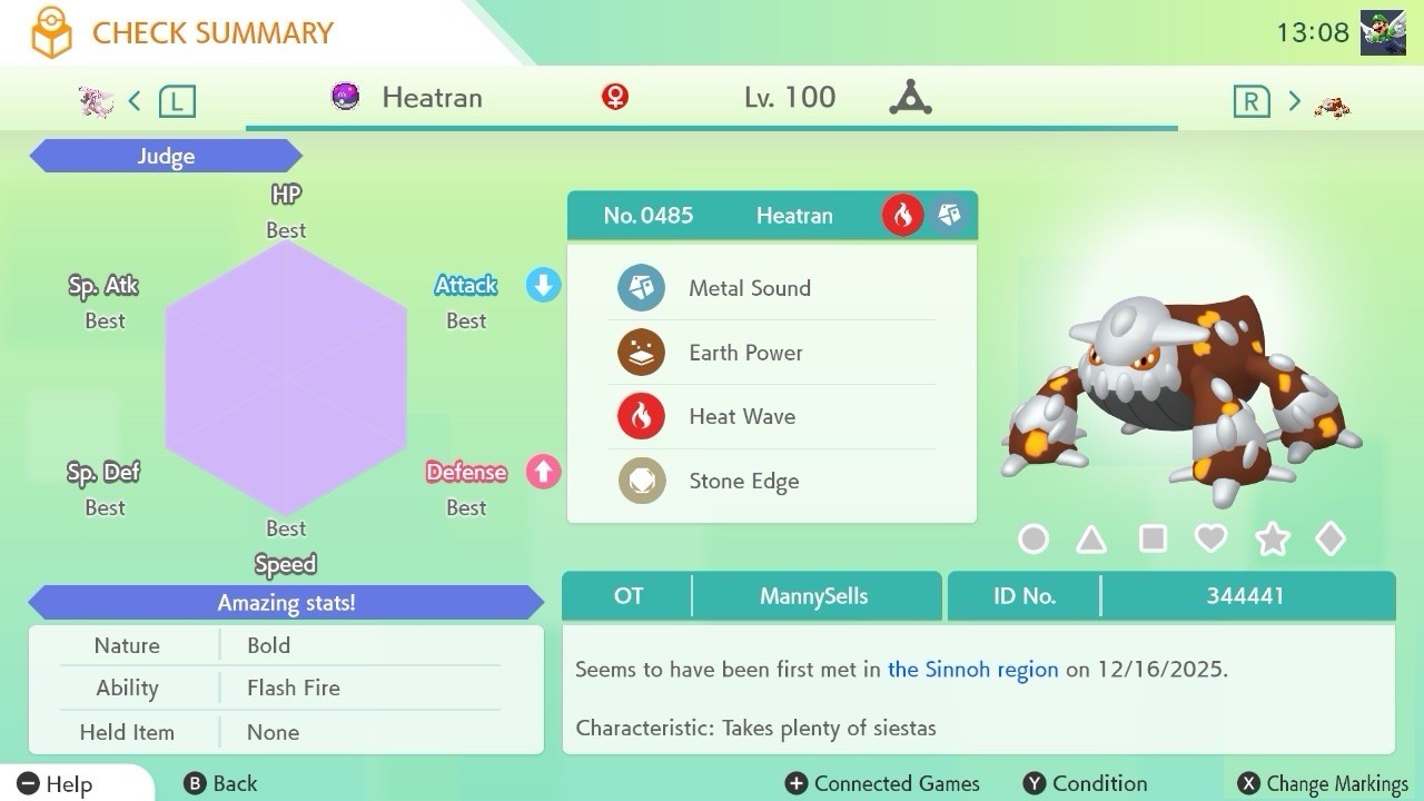 BDSP Caught Legendaries Shiny/Non Shiny, 6IV, Level 100, EVs 6HP 252ATK 252SPE
