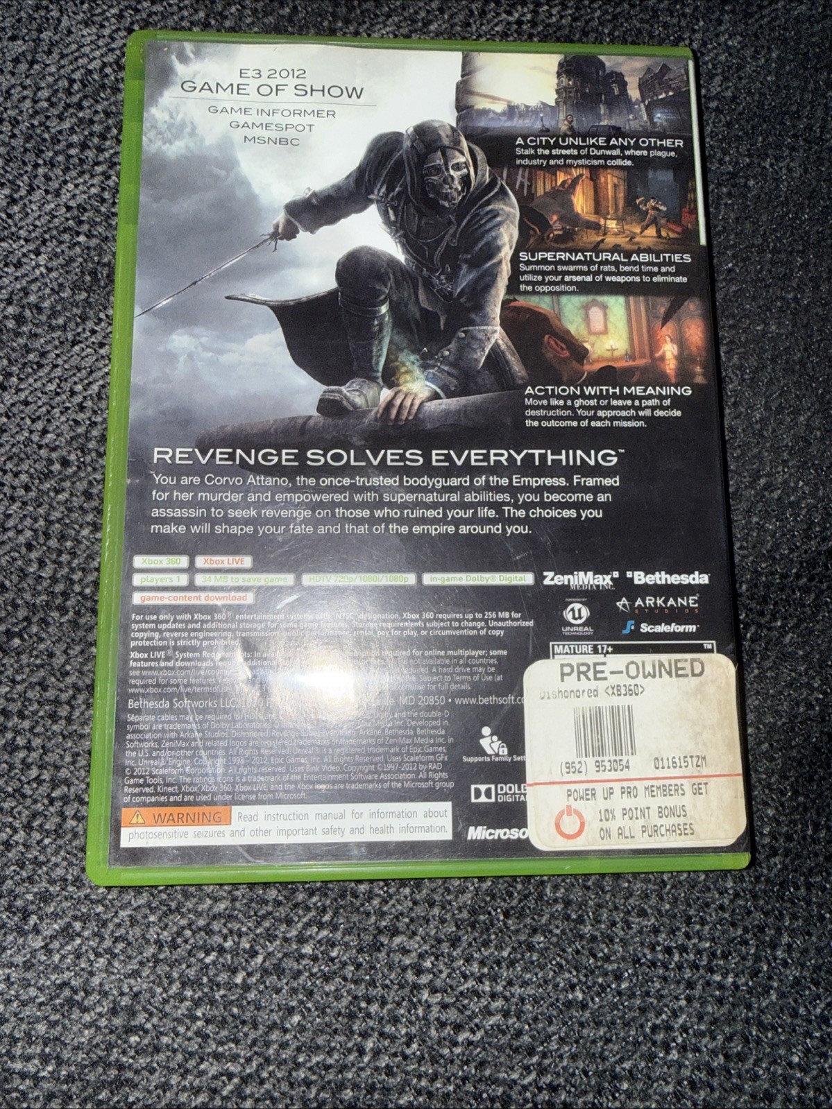 Dishonored – Microsoft Xbox 360, TESTED WORKING, COMPLETE IN BOX