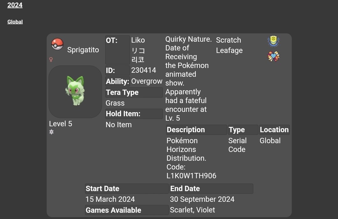 🍃2024 Liko’s Sprigatito Event | Pokemon Scarlet & Violet | Untouched🍃