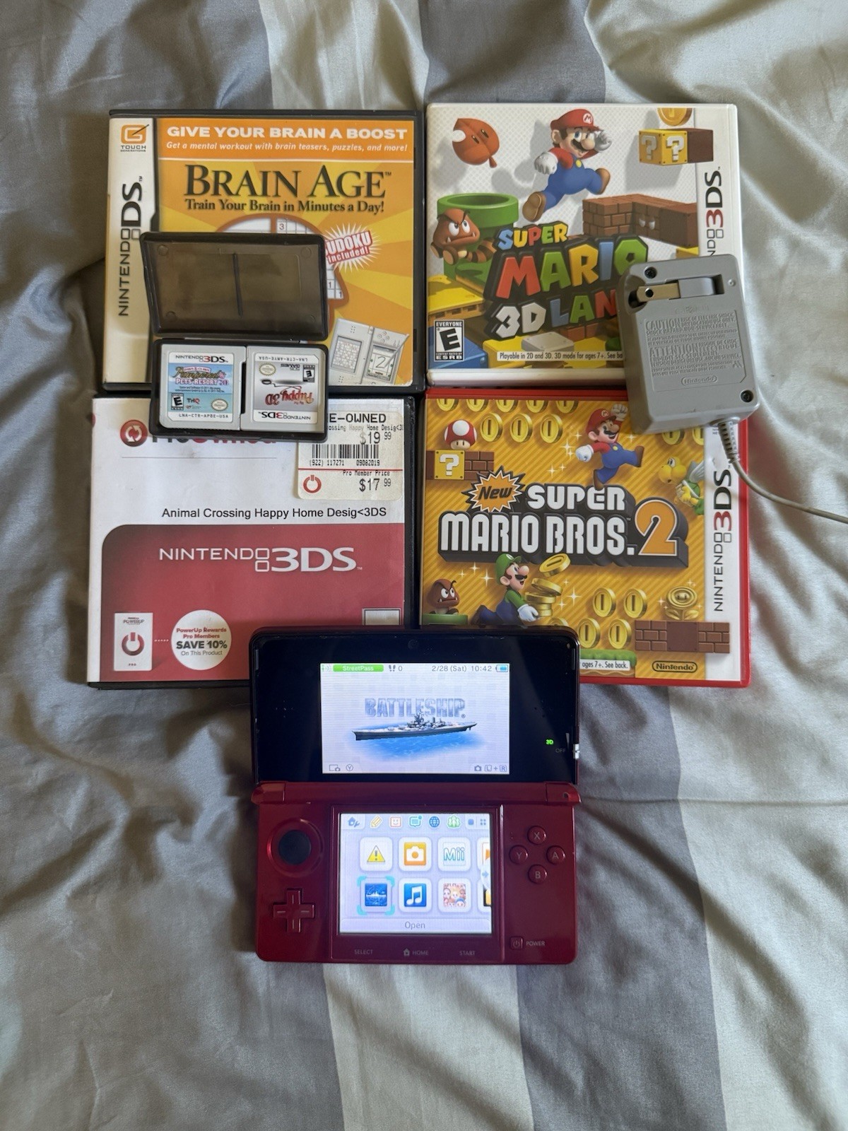 Nintendo 3DS Flame Red Console Bundle, 7 Games, SD Card, OEM charger (TESTED)