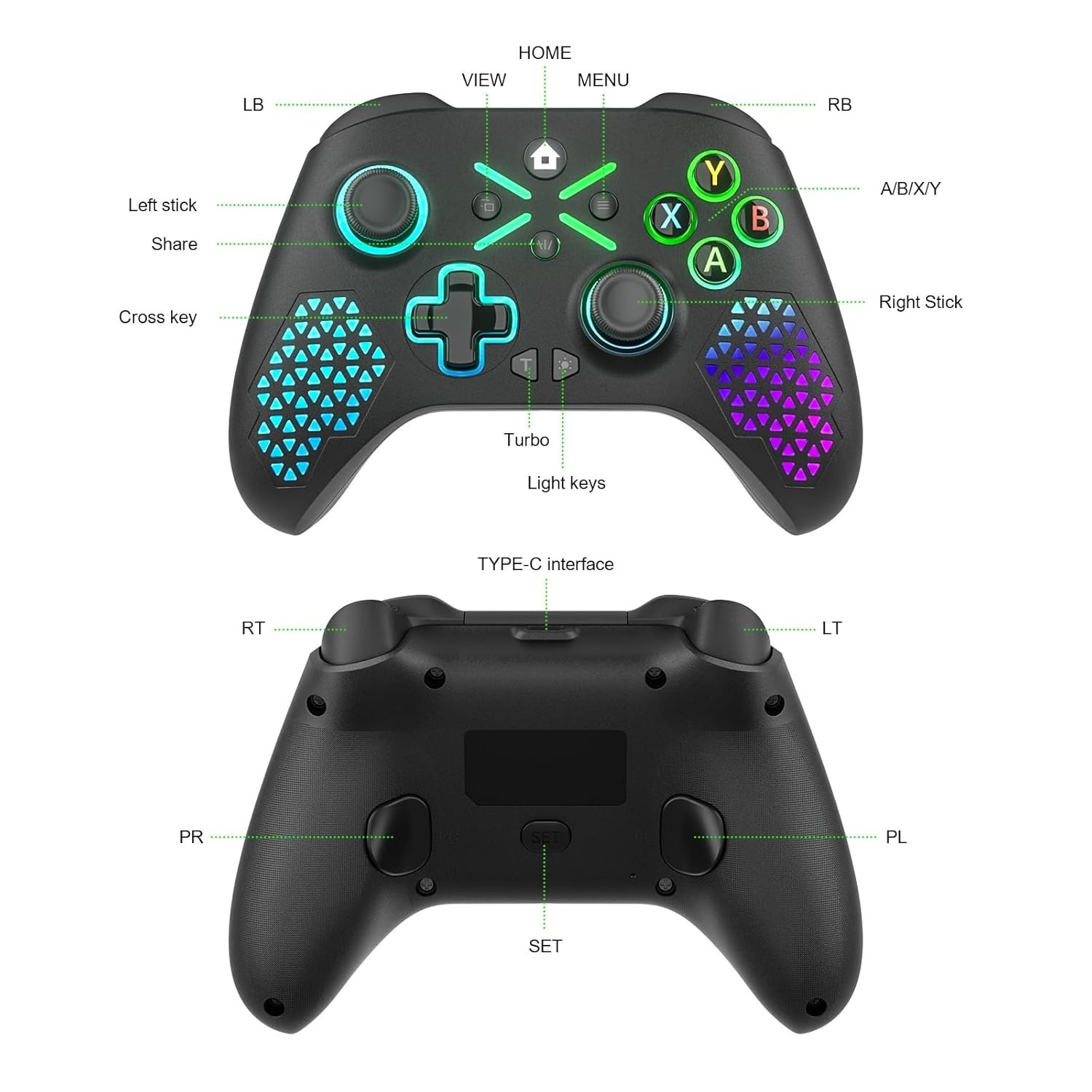 Multi-Platform RGB Wireless Controller for Xbox, 2.4GHz Dual Vibration Gamepad