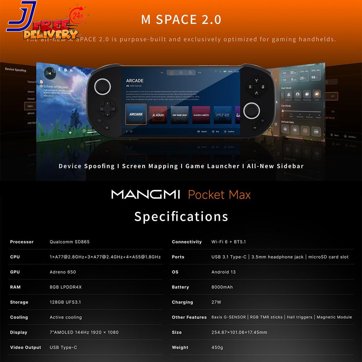 Mangmi Pocket Max Game Console 7 Inch OLED Android 13 System 8000Mah Battery Vid