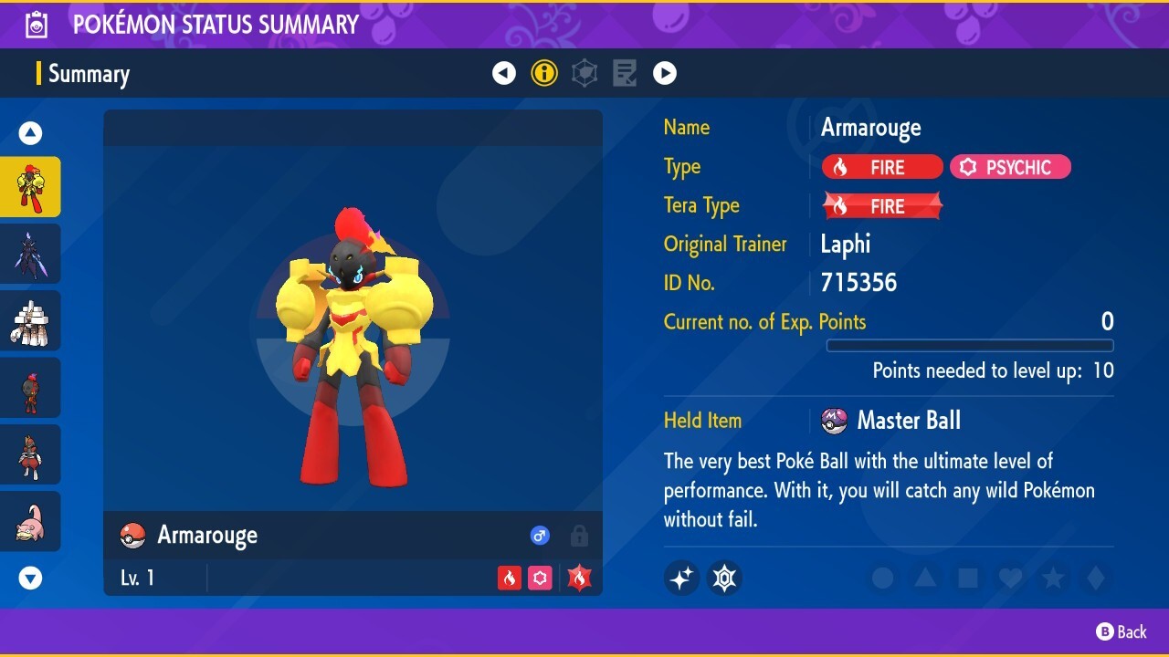 Shiny Armarouge 6IV Lv. 1 Modest Nature Pokemon Scarlet Violet with Master Ball