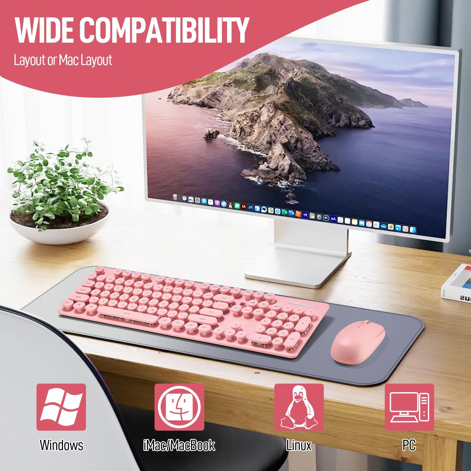 Wireless Keyboard and Mouse Combo, Full Size Compact Quiet pink