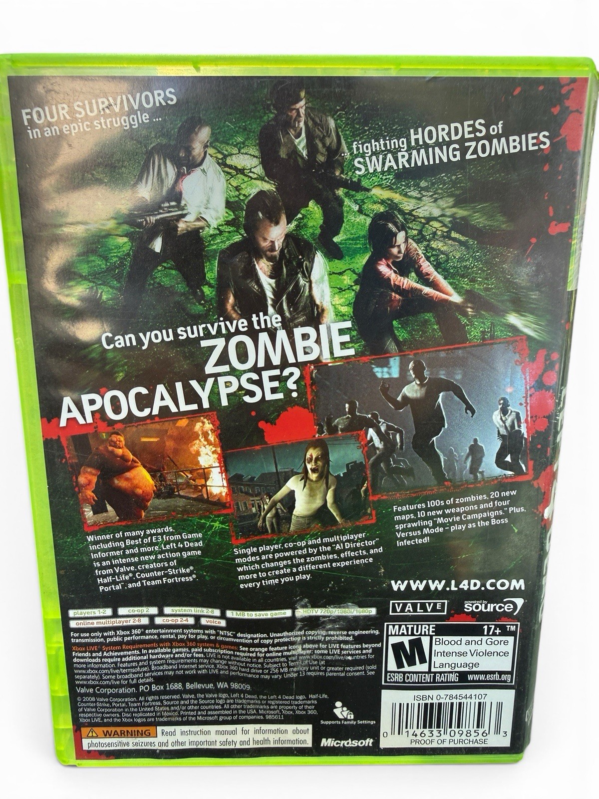 Left 4 Dead (Microsoft Xbox 360, 2008) With Manual