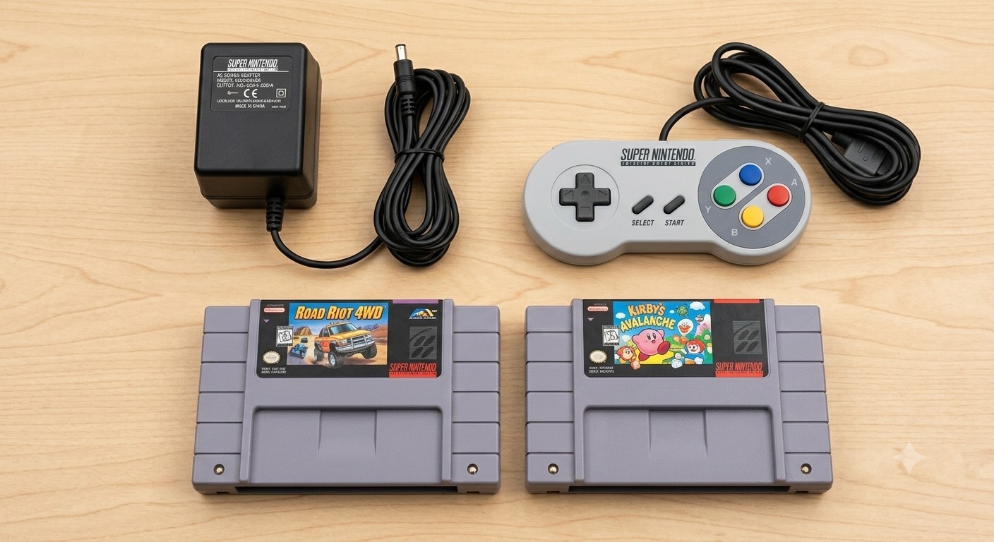 Nintendo SNES Super Nintendo Console Bundle w/ Cables & 8 Games