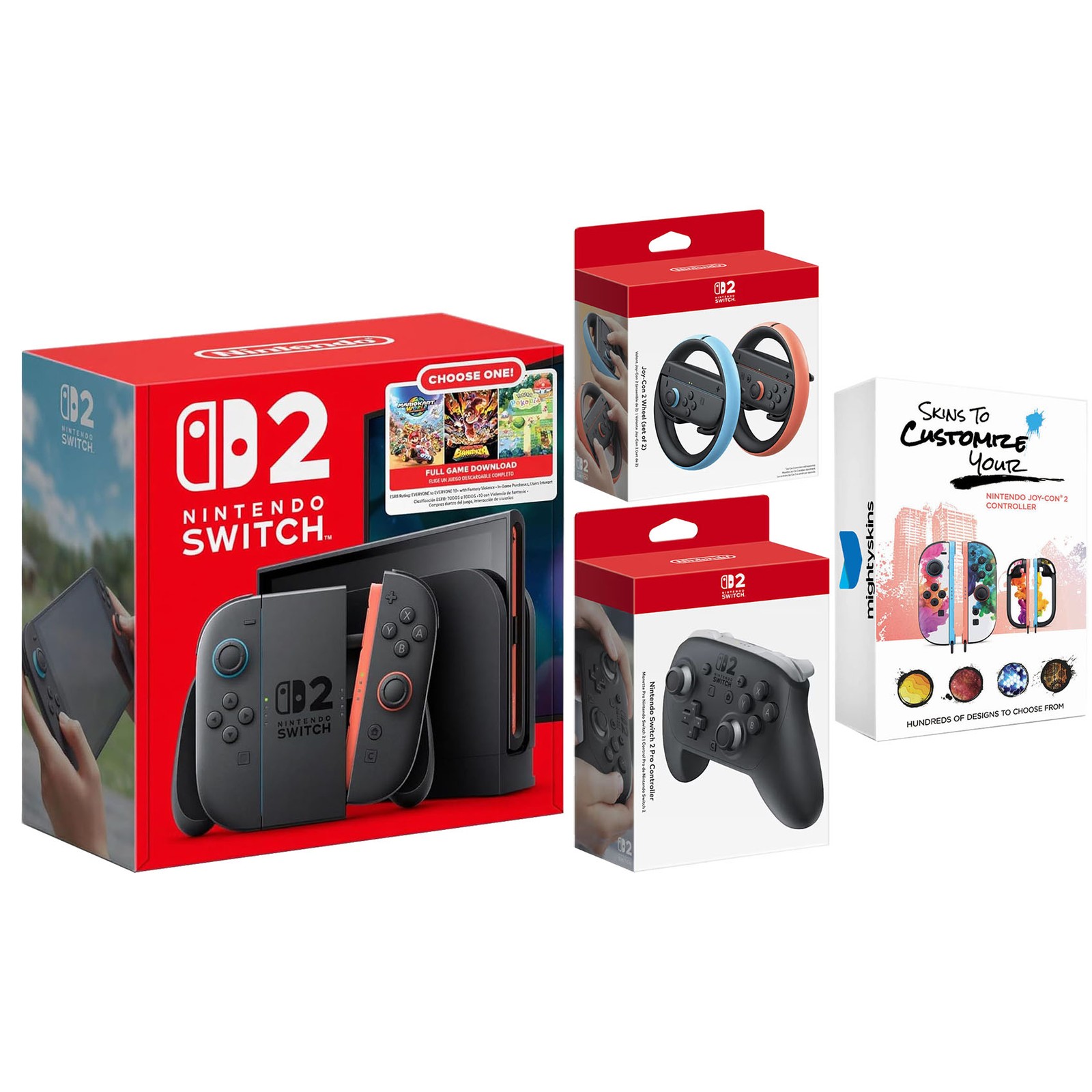 Nintendo Switch 2 Choose Your Game + Joy Con Wheels and Pro Controller Bundle
