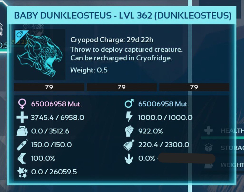 ARK ASA PVE OFFICIAL PAIR BABY DUNK BLACK ID79 3.5K WEIGHT 922%DMG TOP STATUS