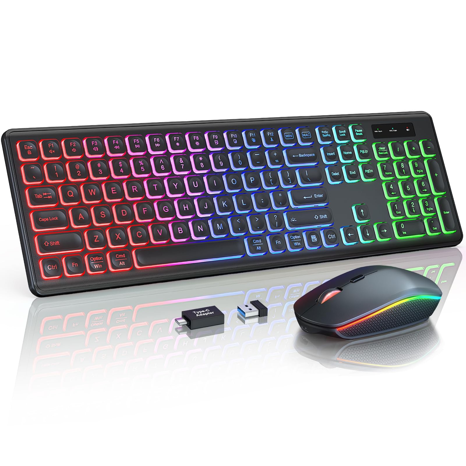 Wireless Keyboard and Mouse Combo, RGB Backlit, Rechargeable & Light Up Black