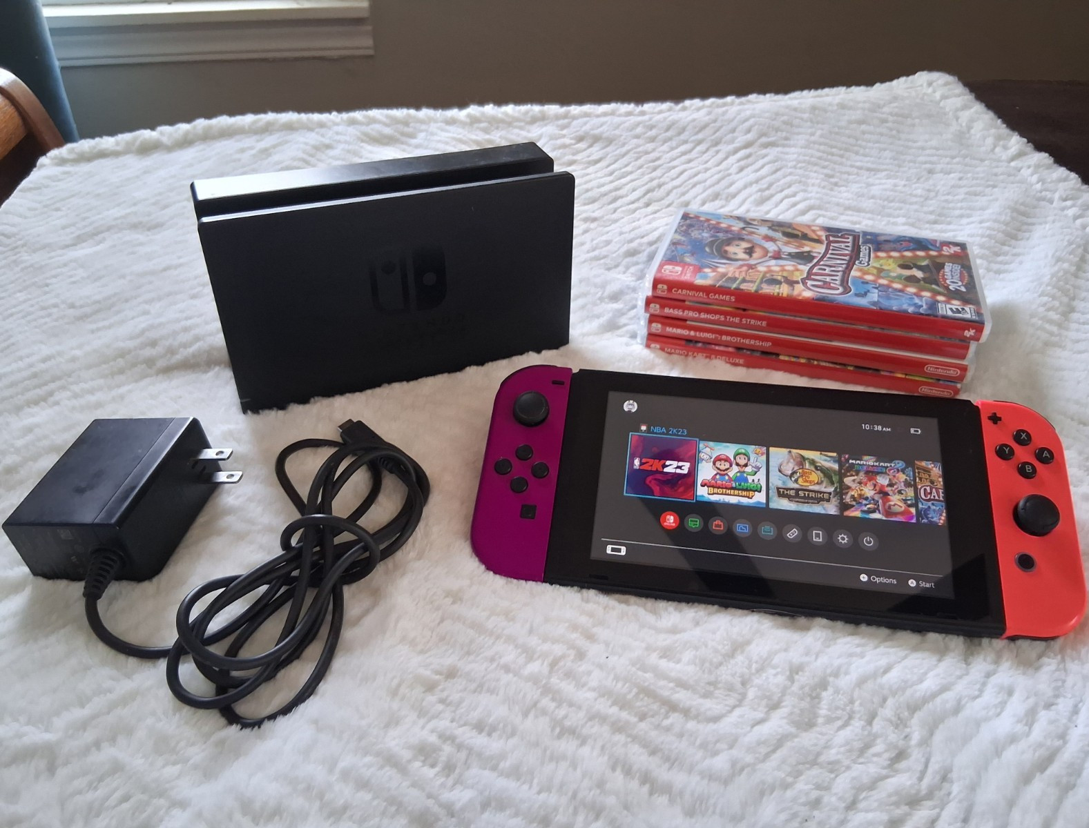 Nintendo Switch Console Bundle w/ Dock Charger Purple/Red Joy-Con + Five Games