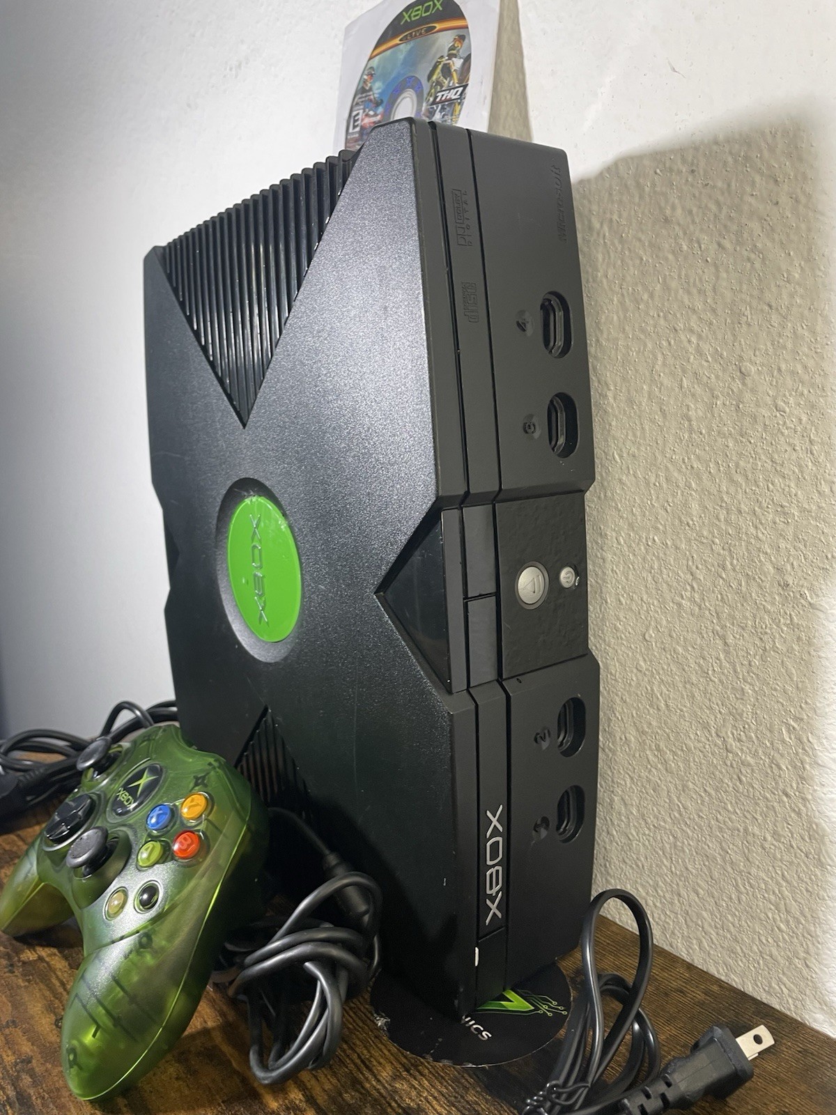 Xbox Original Console Microsoft Black w/ Green Controller AV Power READ TESTED
