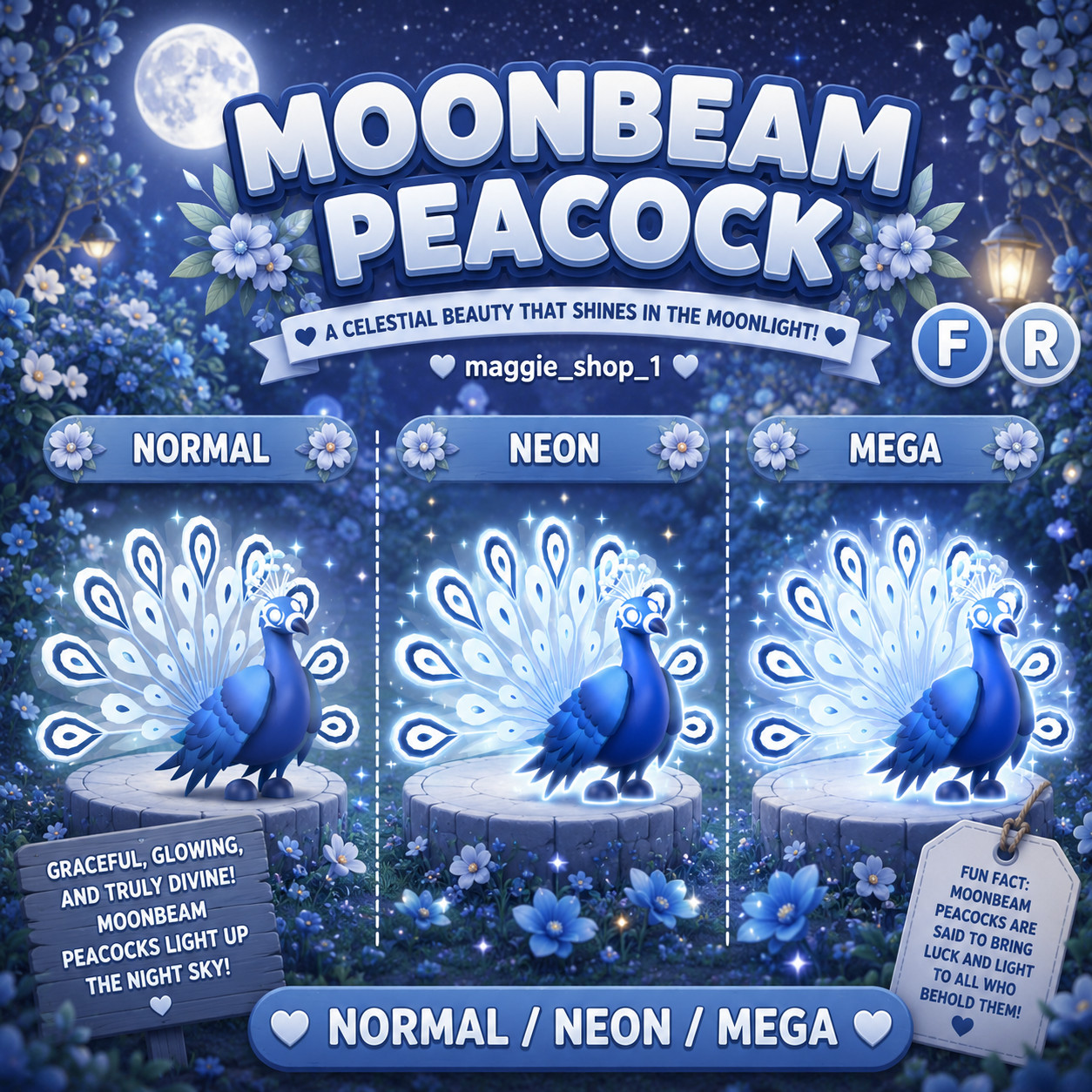 Moonbeam Peacock FR Normal/Neon /Mega ✨ Adopt From Me Today ✨ Top Picks
