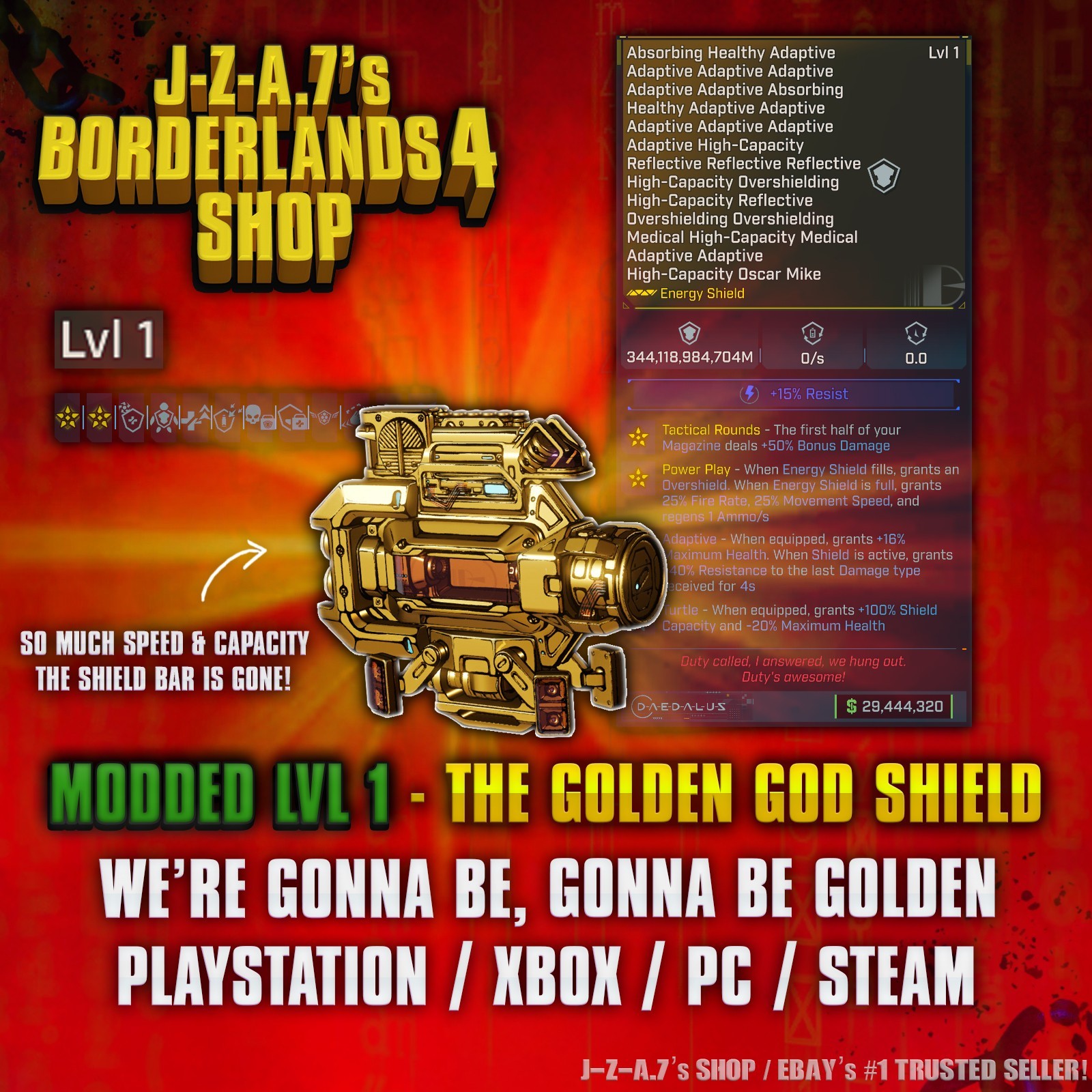 Borderlands 4✨ MODDED LEVEL ONE GOLDEN GOD SHIELD SPEED LVL 1 BL4✅PC-PS-XBOX✨