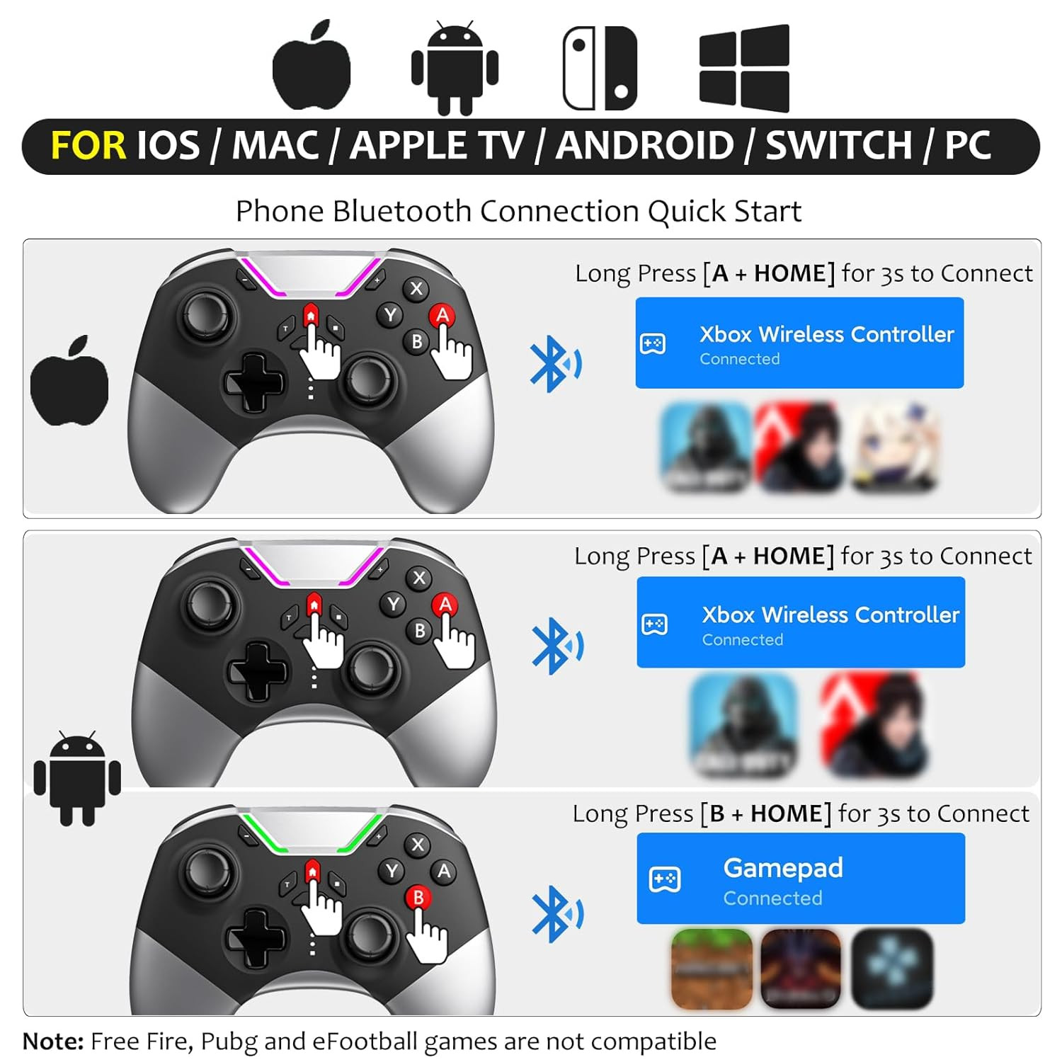 Bluetooth Controller for Switch/Pc/Iphone/Android/Apple Arcade Mfi Games/Tv/Stea