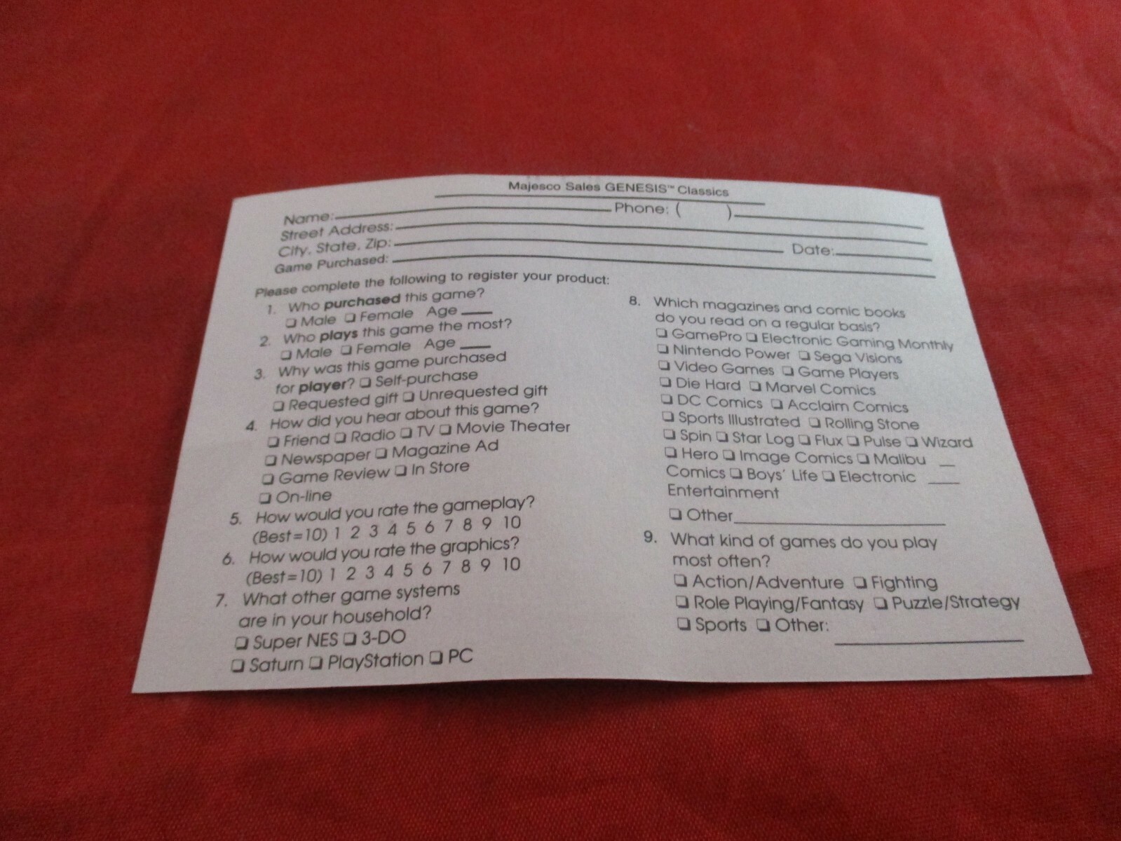 Majesco Sales Sega Genesis Mailer Insert Registration Card ONLY