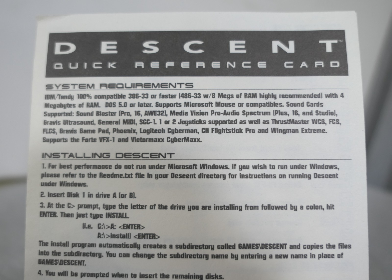Interplay Productions Descent (PC MS DOS 5.0+ CD-ROM 1995) Quick Reference Card