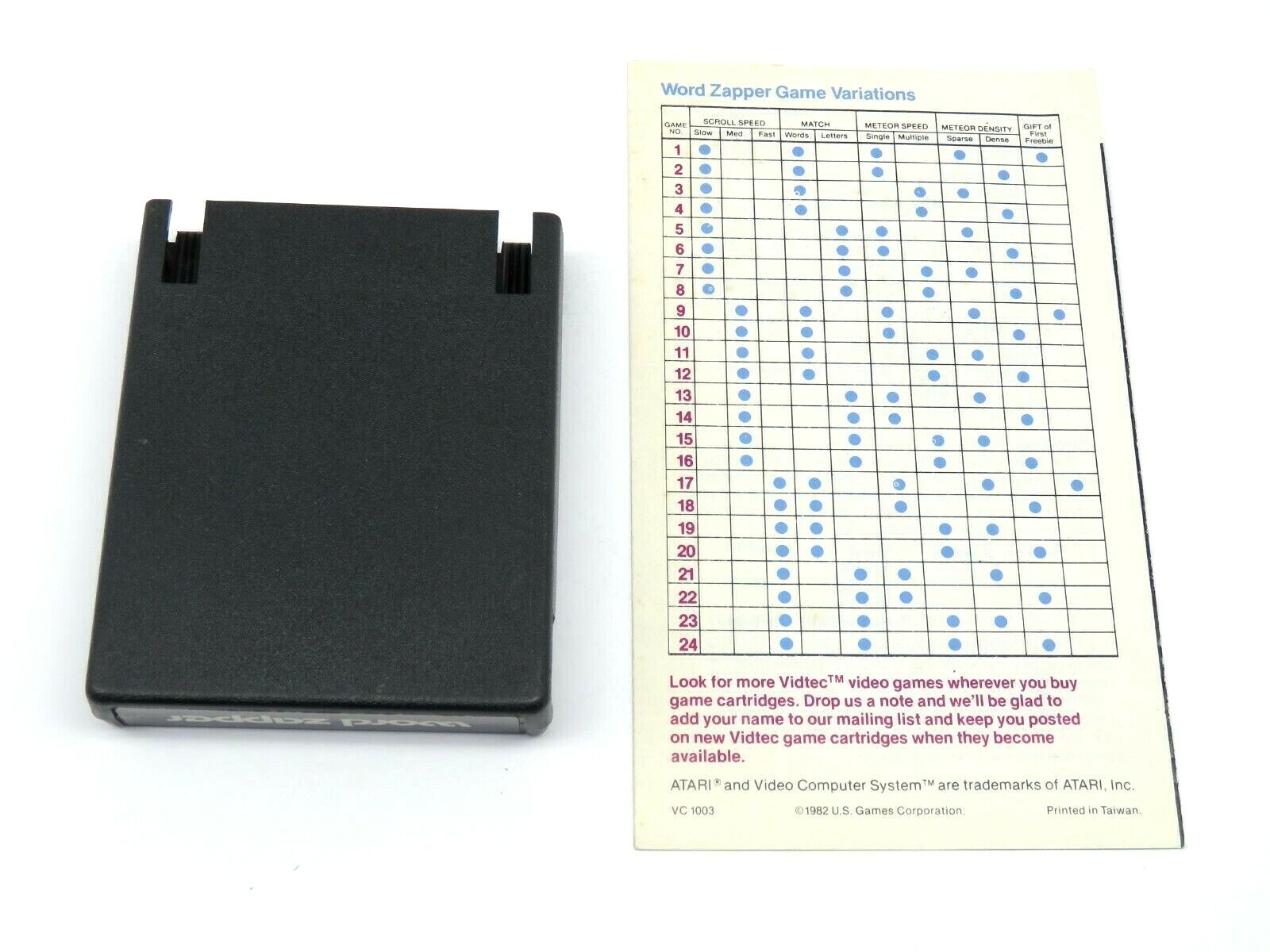 Word Zapper (Atari 2600, 1982) By US Games Vidtec (Cartridge & Manual) NTSC