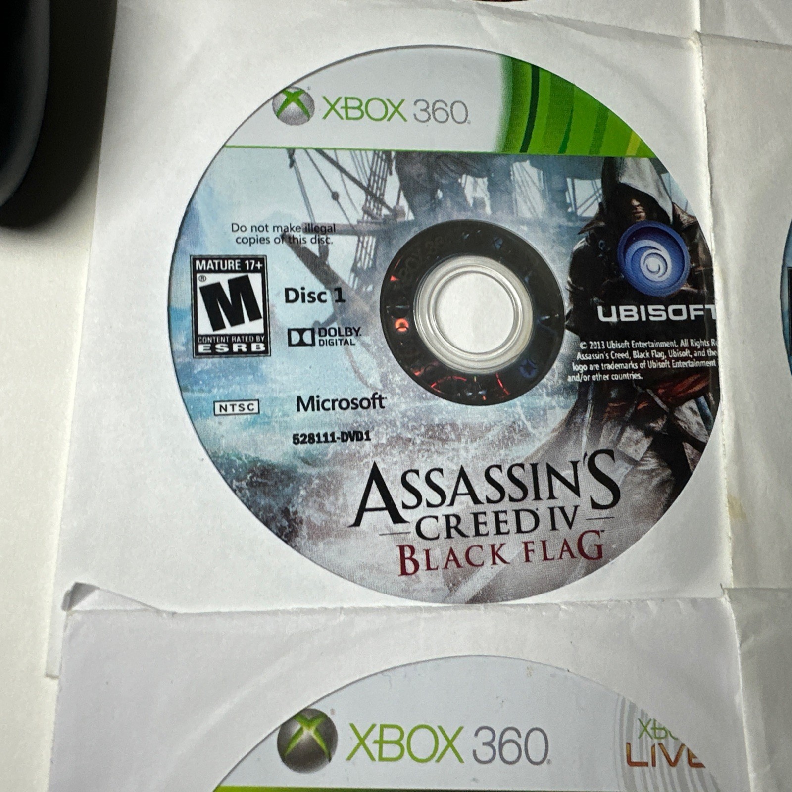 OEM Microsoft Xbox 360 Black Wireless Controller + Games Black Flag Mass Effect