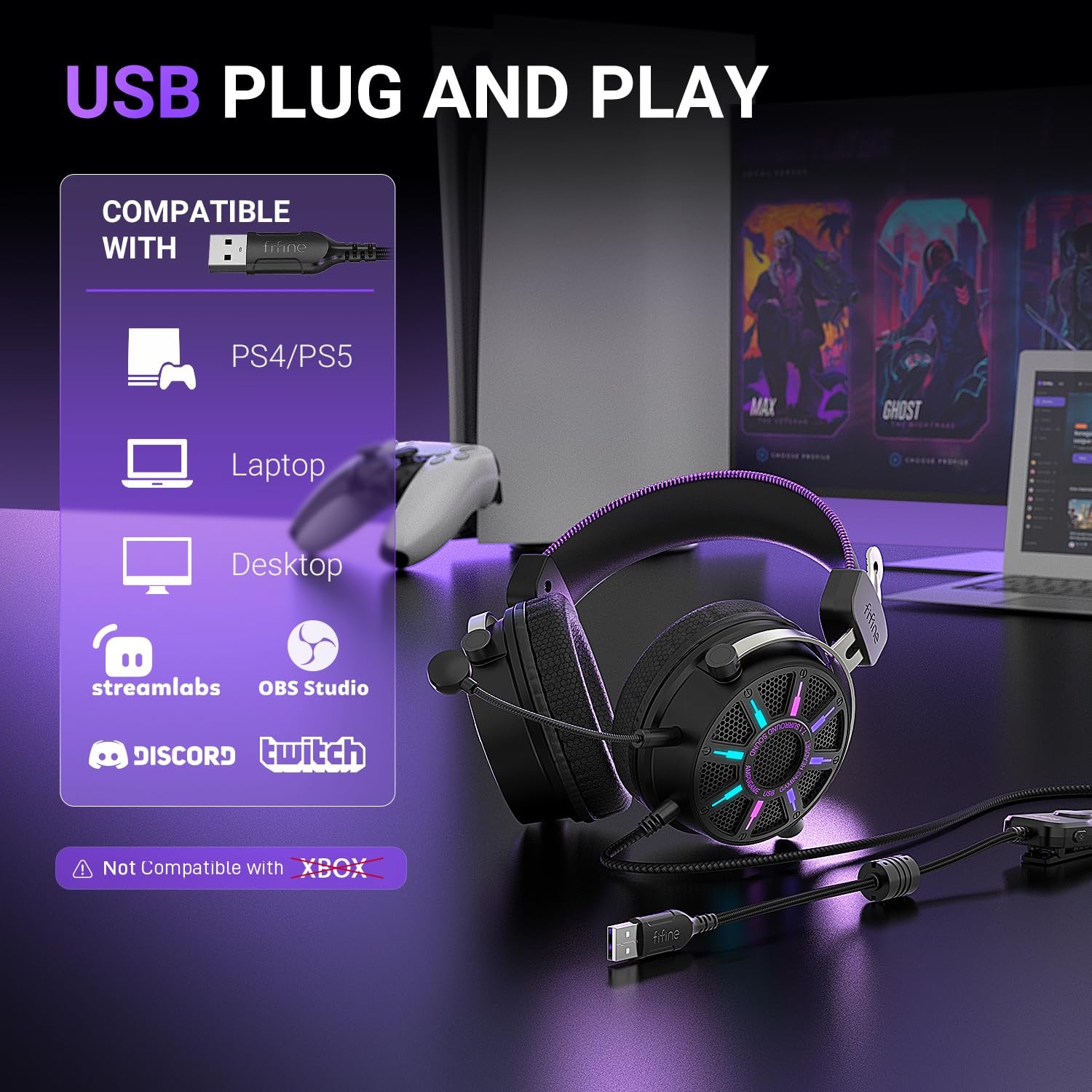 Fifine Wired Usb Gaming Headset Open Back Design Breathable Mesh Fabric 7.1