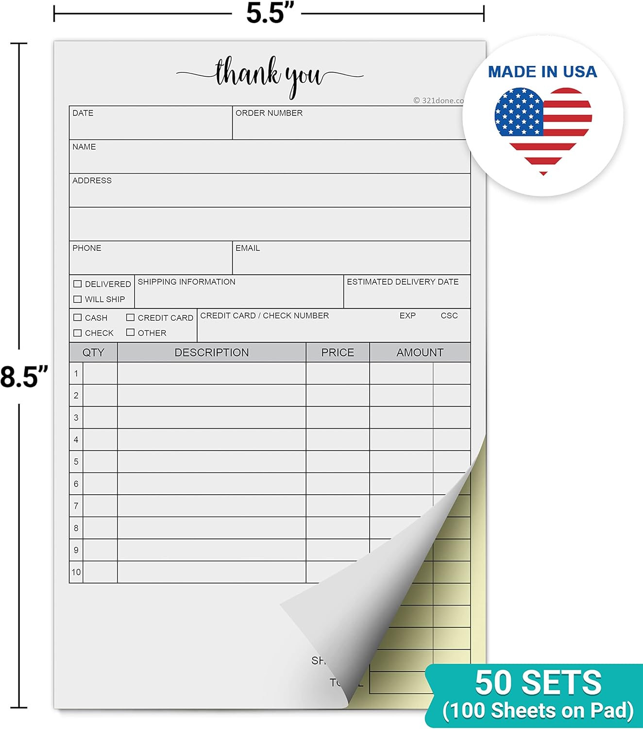 321Done 2-Part Carbonless Thank You Receipt Pad 5.5X8.5, Made in USA, Carbon Cop