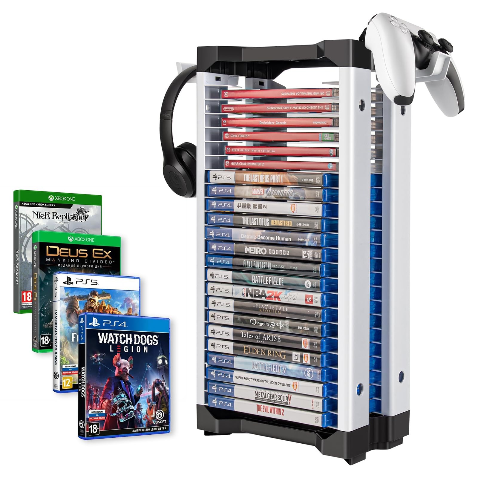 ASFSKY Video Game Storage Tower – 24 Games Holder Stand 23, Black and White