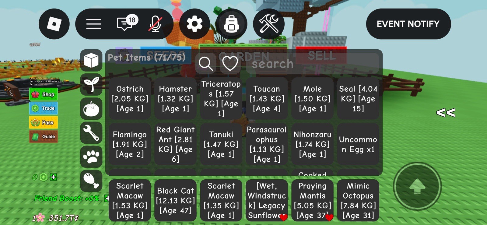 Roblox Grow a Garden Pet Items Inventory Screenshot In-Game Item Bee Kitsune
