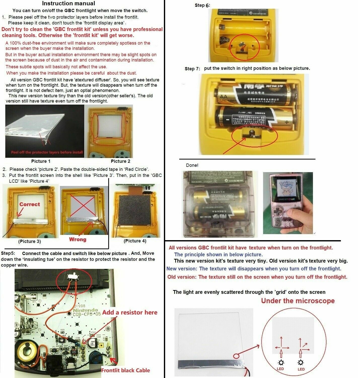 GBC Nintendo Game Boy Color Frontlit Frontlight Front Light Kit V2 NO LOCA GLUE!