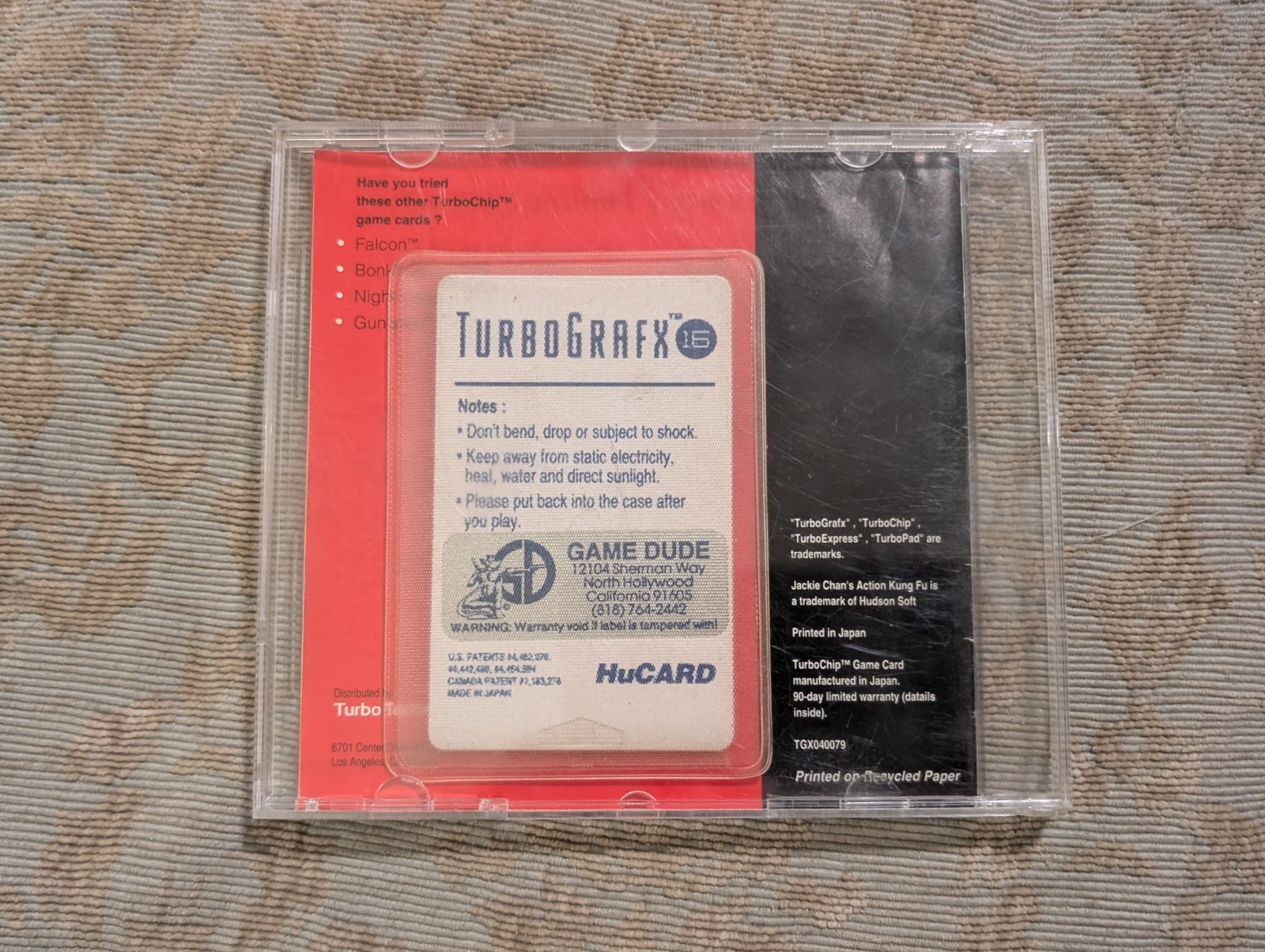 Jackie Chan’s Action Kung Fu Turbo Grafx 16 Cartridge/Case/Manual/Sleeve