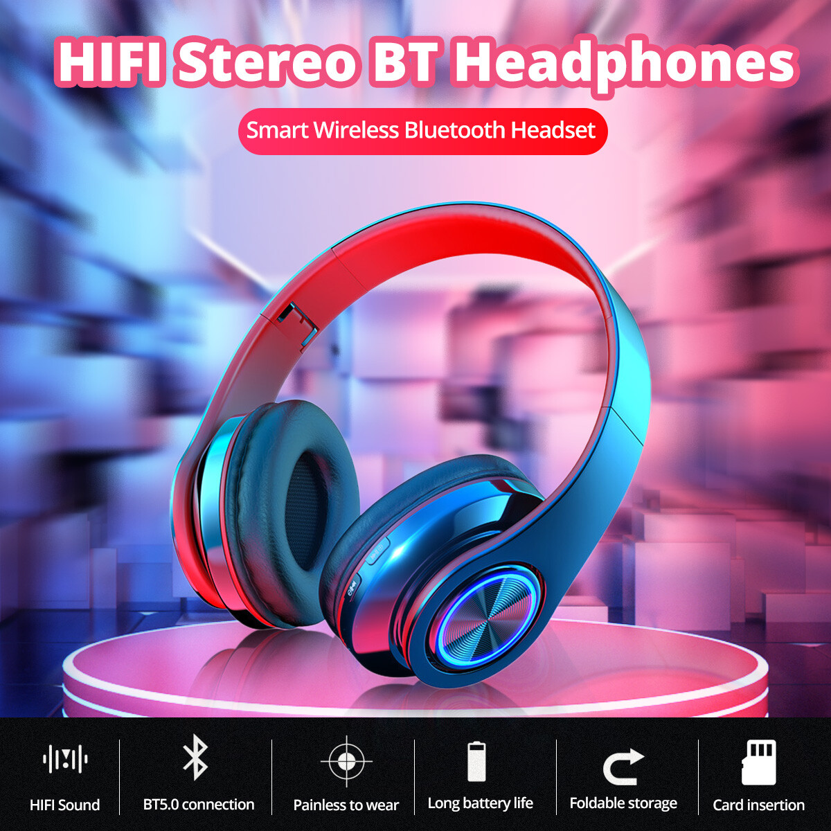 Wireless Bluetooth Headphones Super Bass Foldable Stereo Earphones Mic Headsets